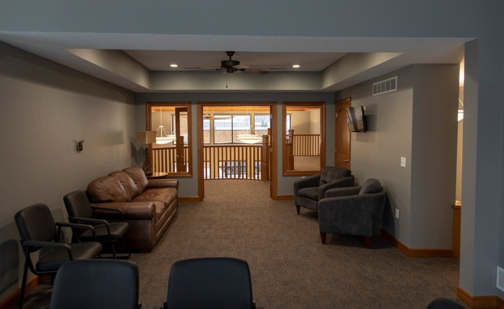 Finished lobby and seating area side view